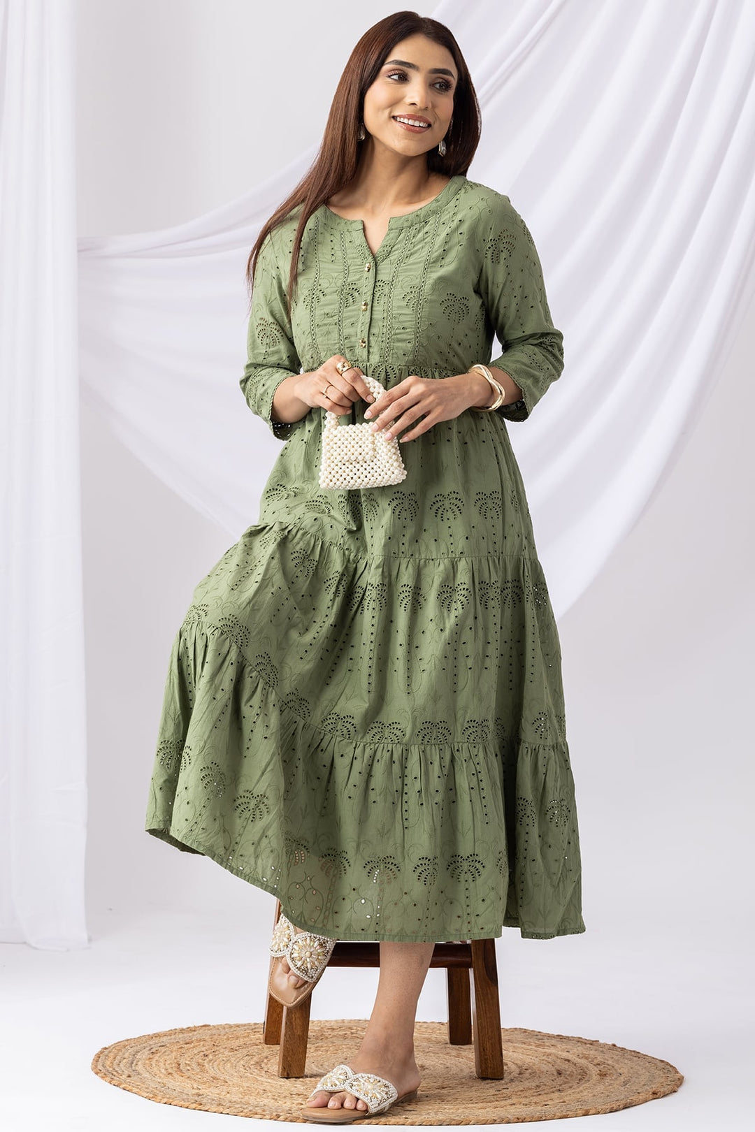 Olive Green Schiffli Embroidered Casual Dress with Round Neck