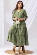 Olive Green Schiffli Embroidered Casual Dress with Round Neck