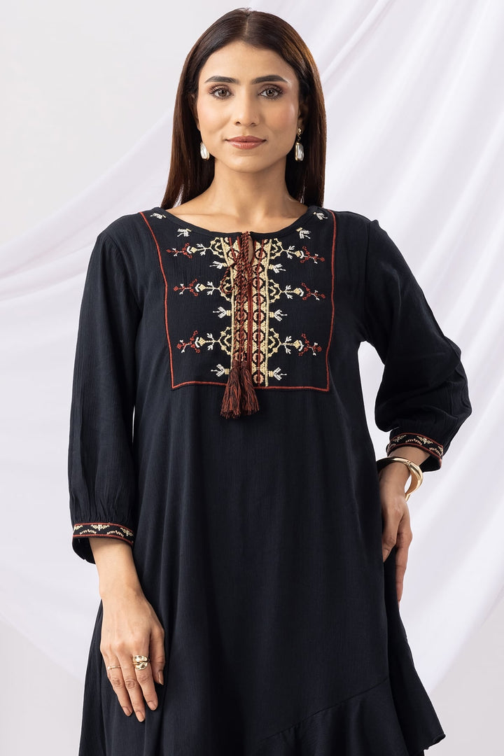 Black Embroidered Rayon Crepe Dress with Round Neck
