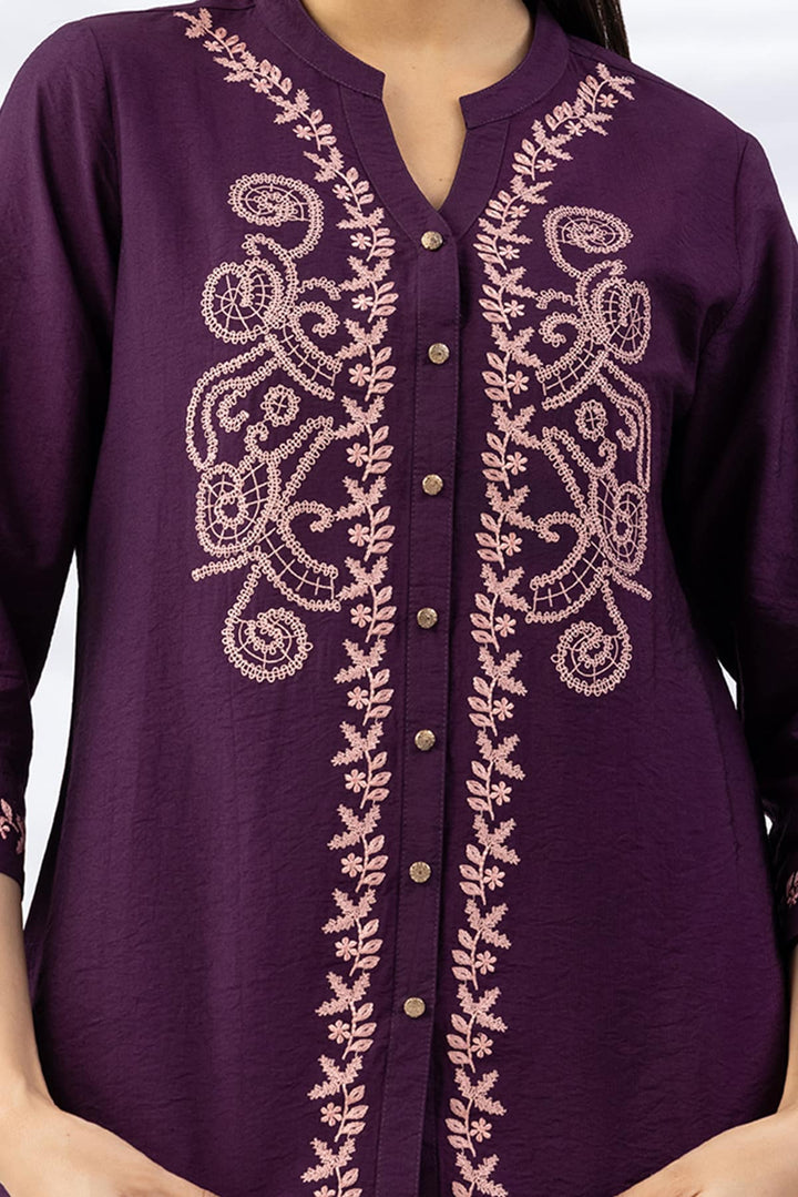 Purple Embroidered Viscose Crush Co-Ord Shirt with 3/4 Sleeves