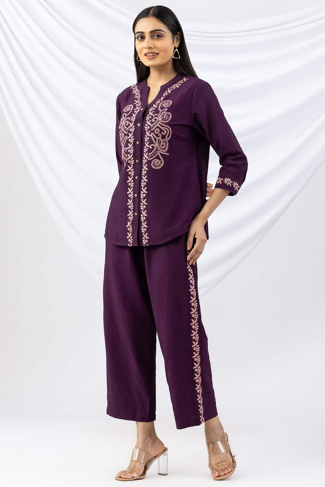 Purple Embroidered Viscose Crush Co-Ord Shirt with 3/4 Sleeves