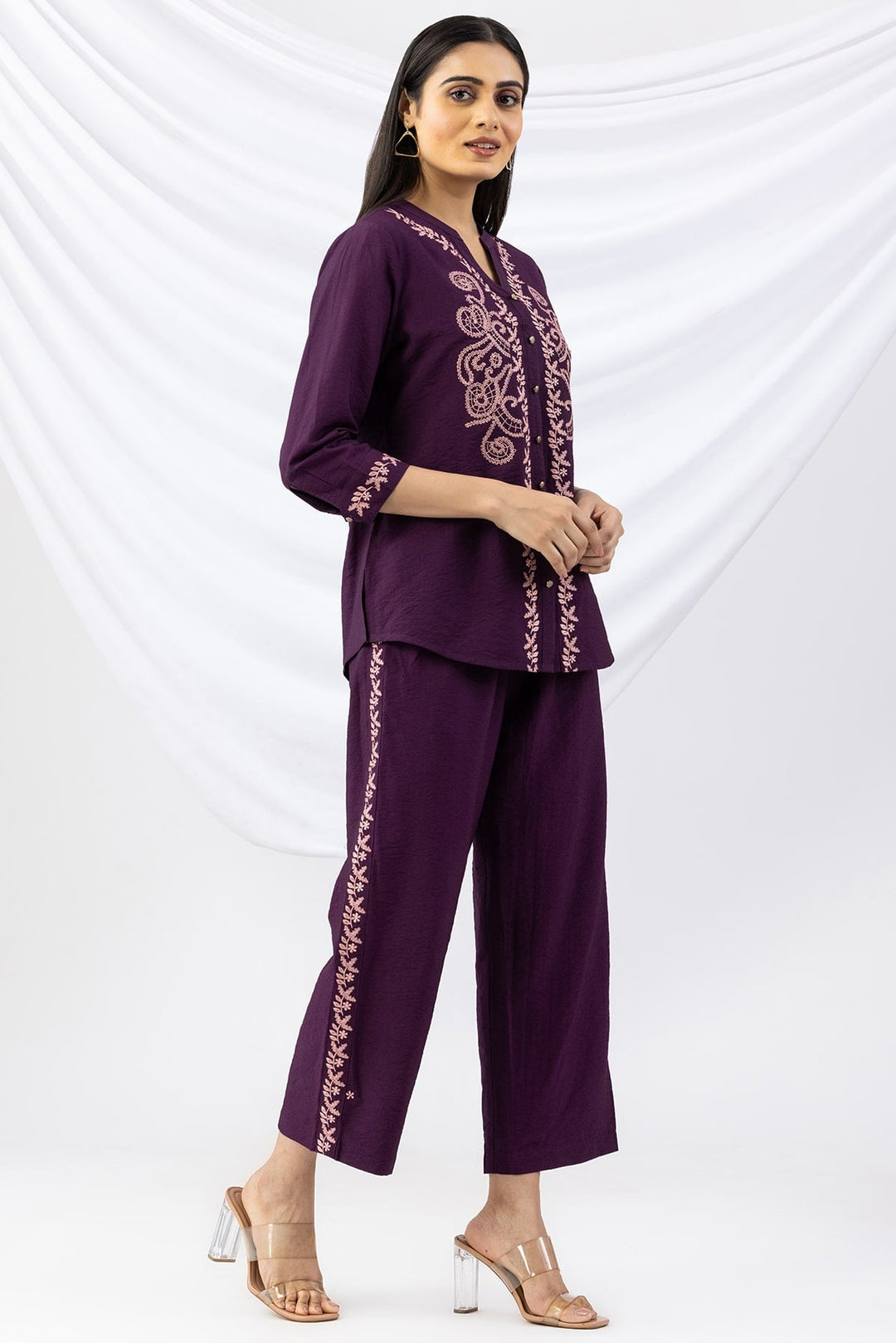 Purple Embroidered Viscose Crush Co-Ord Shirt with 3/4 Sleeves