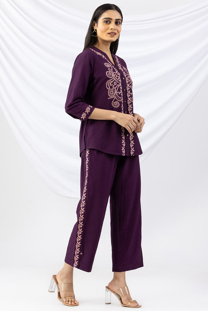 Purple Embroidered Viscose Crush Co-Ord Shirt with 3/4 Sleeves