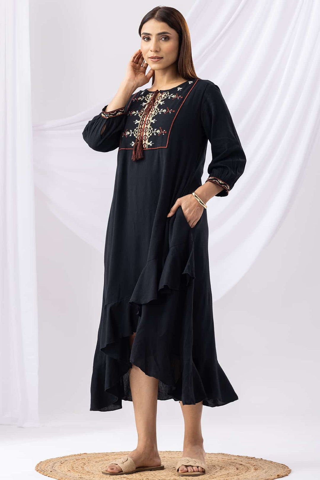 Black Embroidered Rayon Crepe Dress with Round Neck