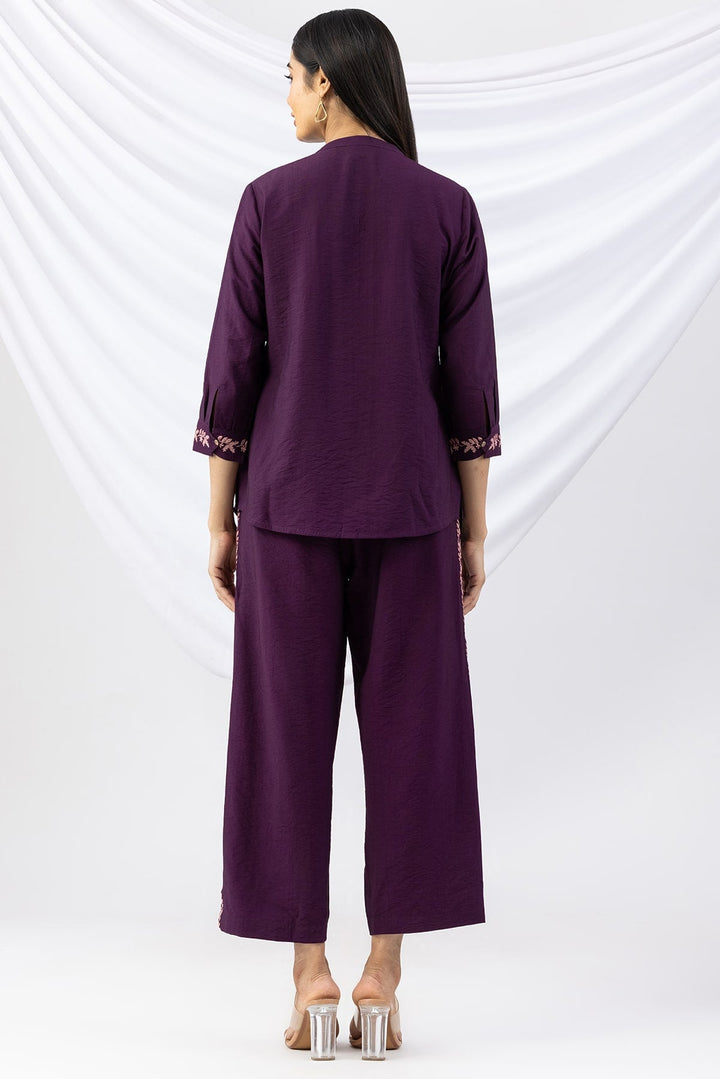 Purple Embroidered Viscose Crush Co-Ord Shirt with 3/4 Sleeves