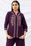 Purple Embroidered Viscose Crush Co-Ord Shirt with 3/4 Sleeves