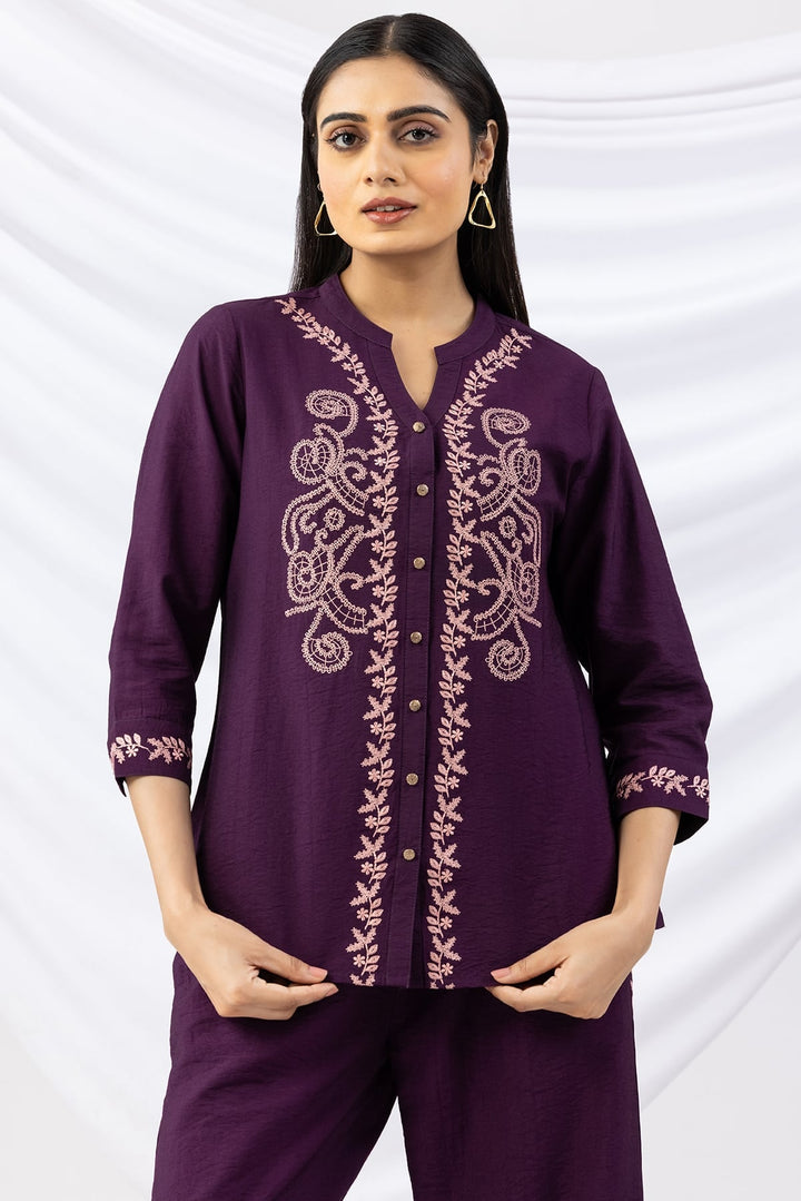 Purple Embroidered Viscose Crush Co-Ord Shirt with 3/4 Sleeves