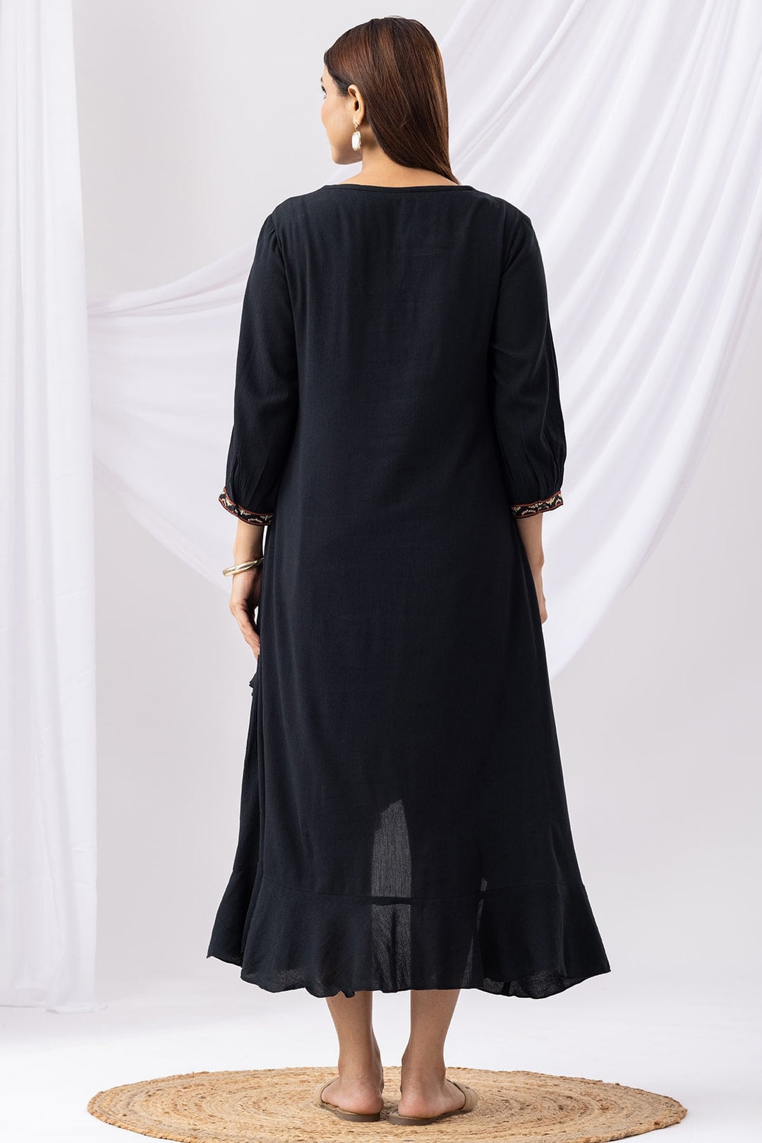 Black Embroidered Rayon Crepe Dress with Round Neck