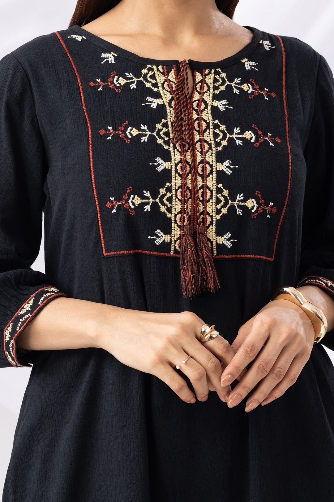 Black Embroidered Rayon Crepe Dress with Round Neck