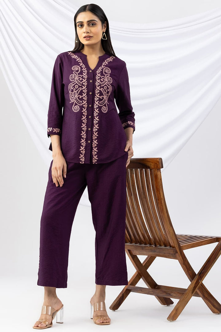 Purple Embroidered Viscose Crush Co-Ord Shirt with 3/4 Sleeves