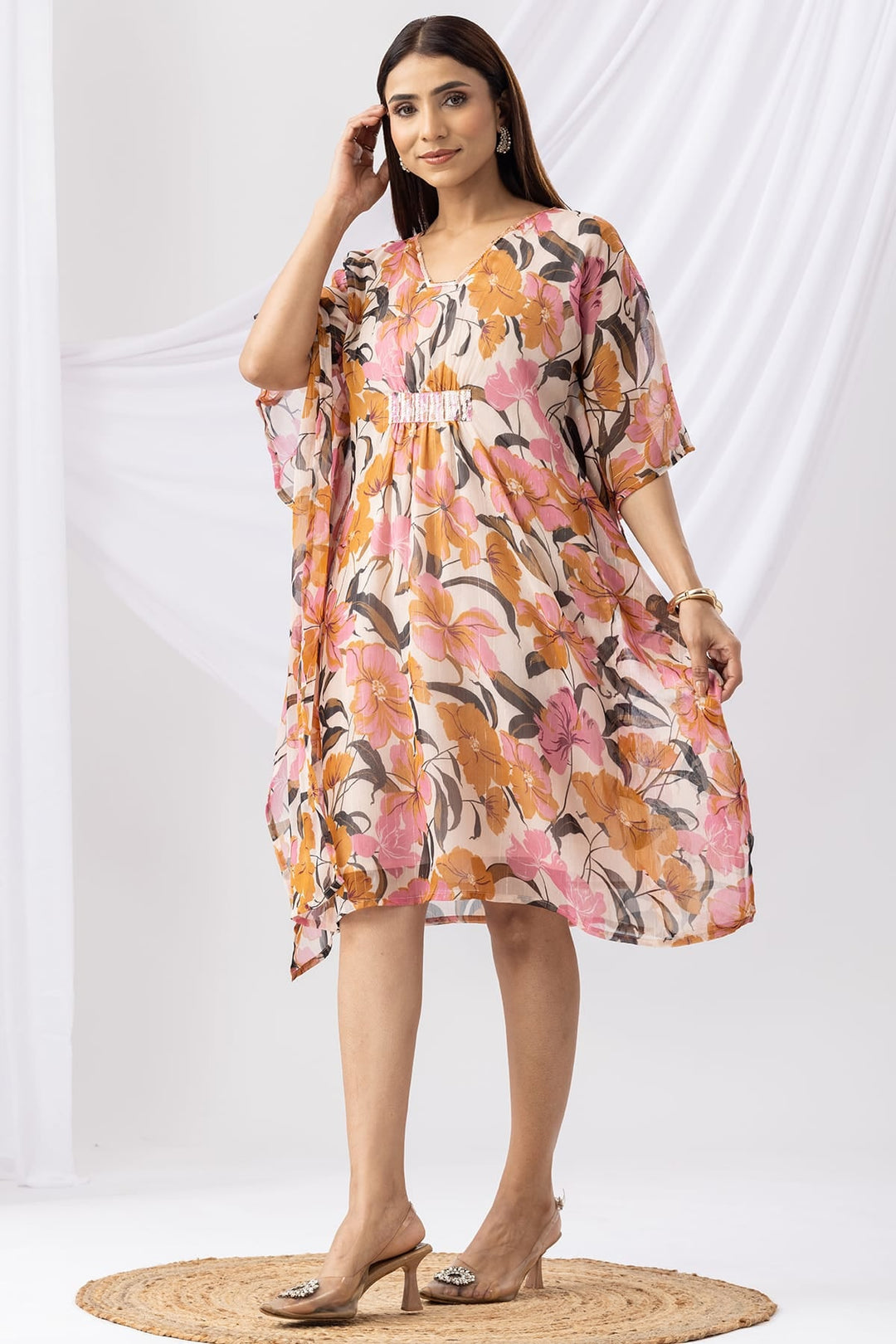 Pink Printed Chiffon Lurex Kaftan with V-Neck &amp; Kimono Sleeves