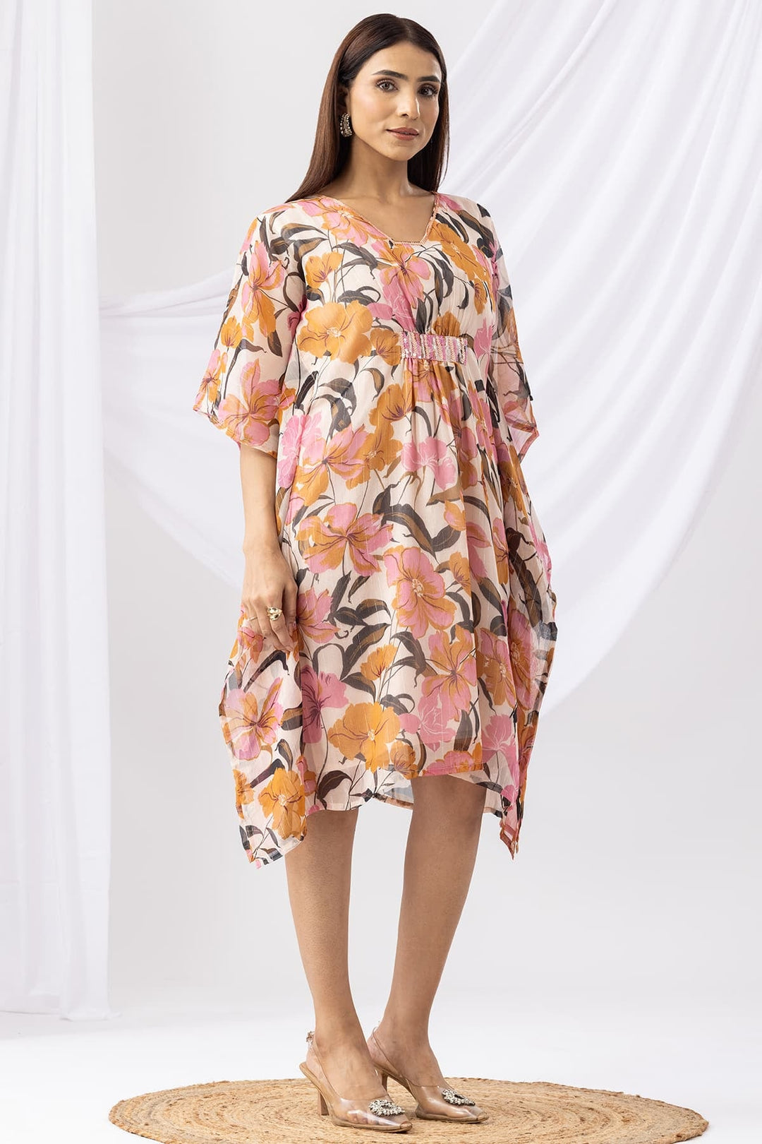 Pink Printed Chiffon Lurex Kaftan with V-Neck &amp; Kimono Sleeves