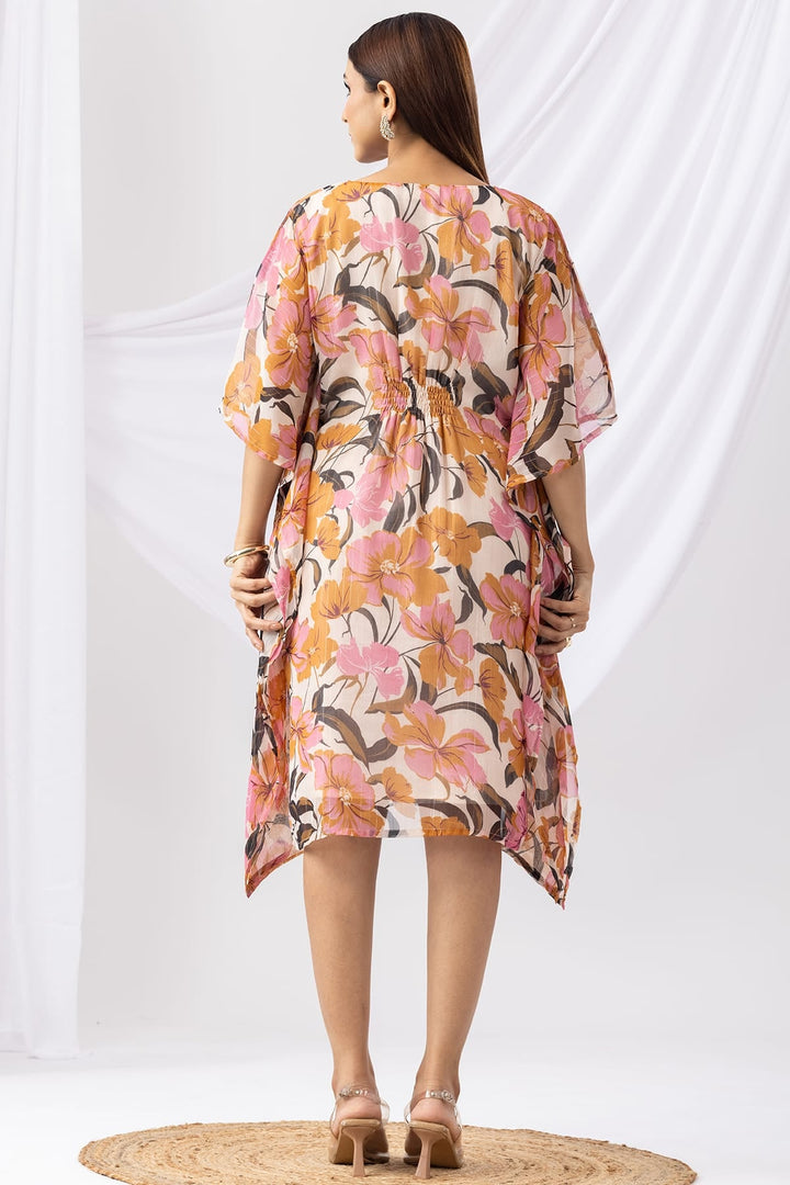 Pink Printed Chiffon Lurex Kaftan with V-Neck &amp; Kimono Sleeves