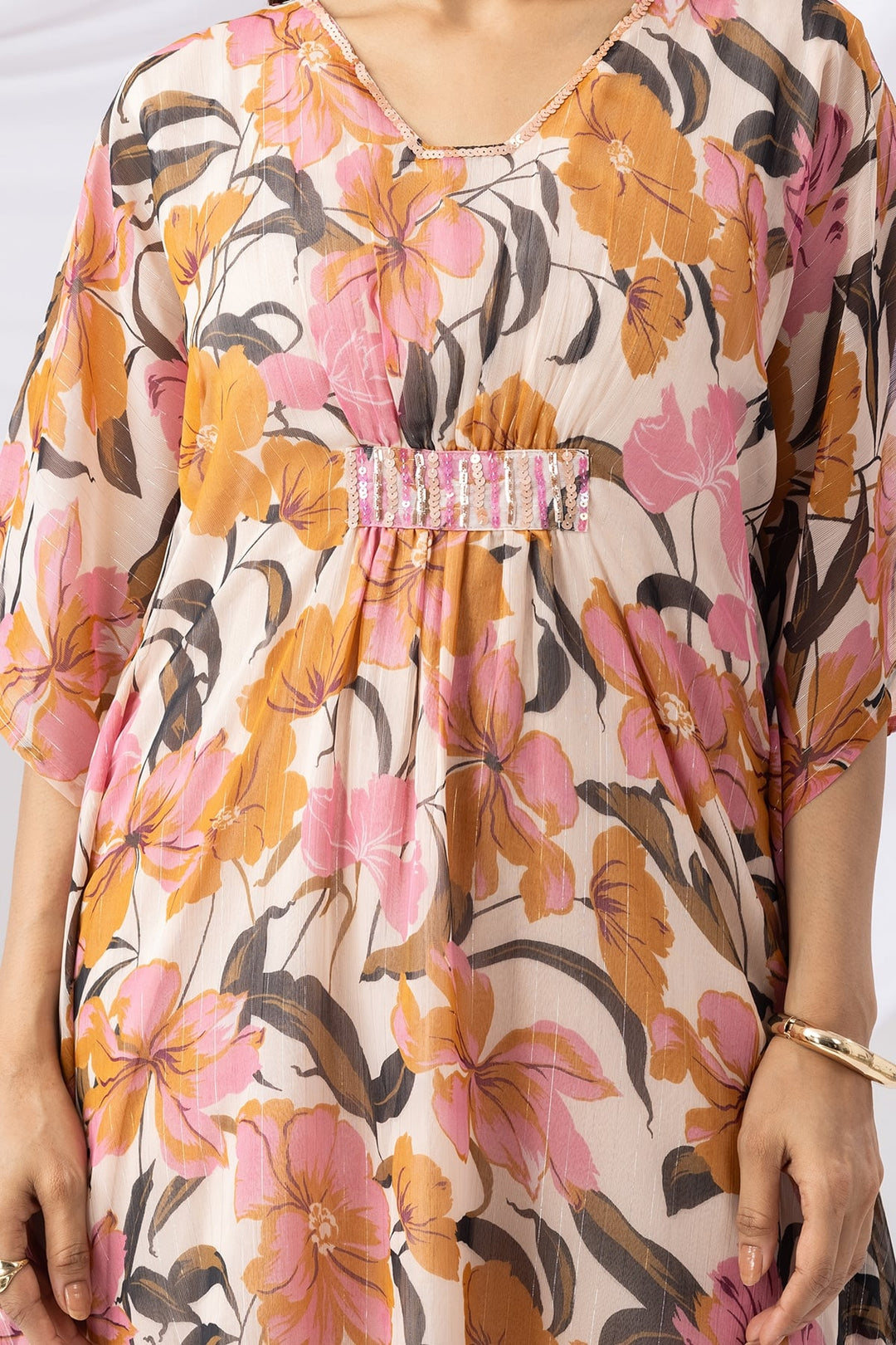 Pink Printed Chiffon Lurex Kaftan with V-Neck &amp; Kimono Sleeves
