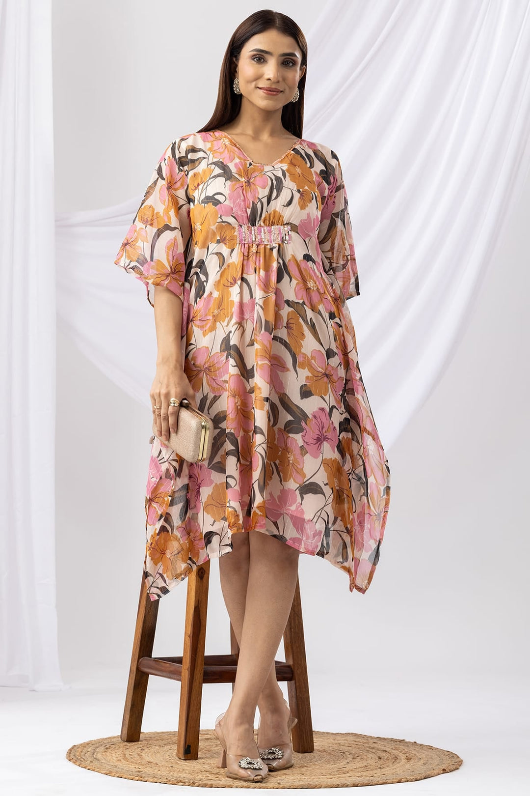 Pink Printed Chiffon Lurex Kaftan with V-Neck &amp; Kimono Sleeves