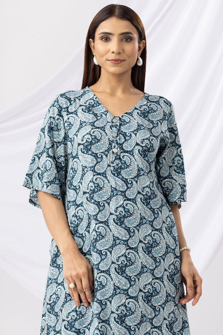Blue Printed Rayon Dress with V-Neck &amp; Half Sleeves