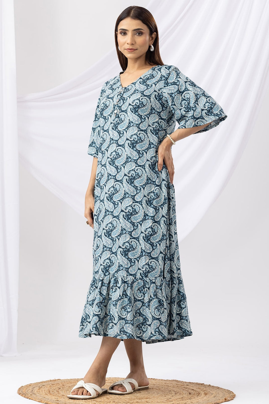 Blue Printed Rayon Dress with V-Neck &amp; Half Sleeves