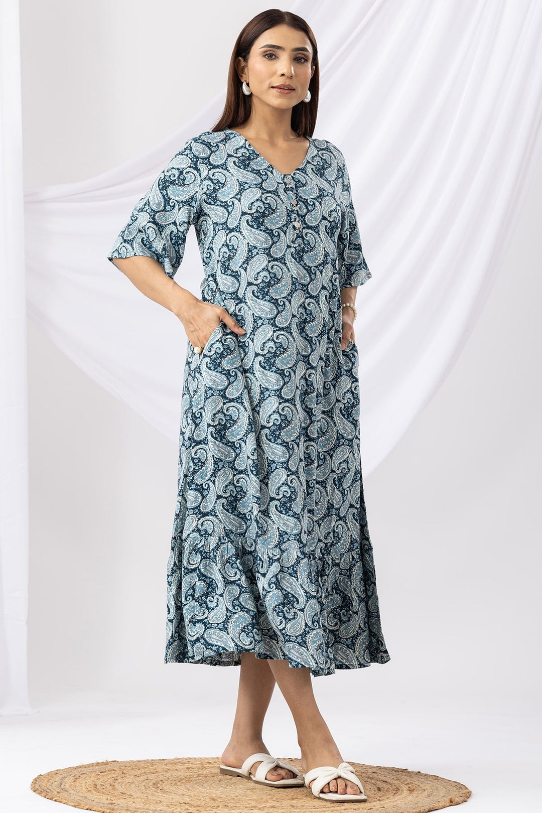 Blue Printed Rayon Dress with V-Neck &amp; Half Sleeves