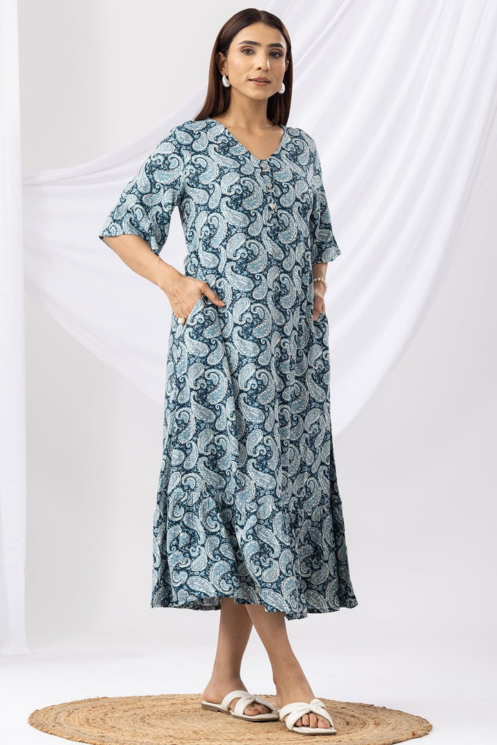 Blue Printed Rayon Dress with V-Neck &amp; Half Sleeves