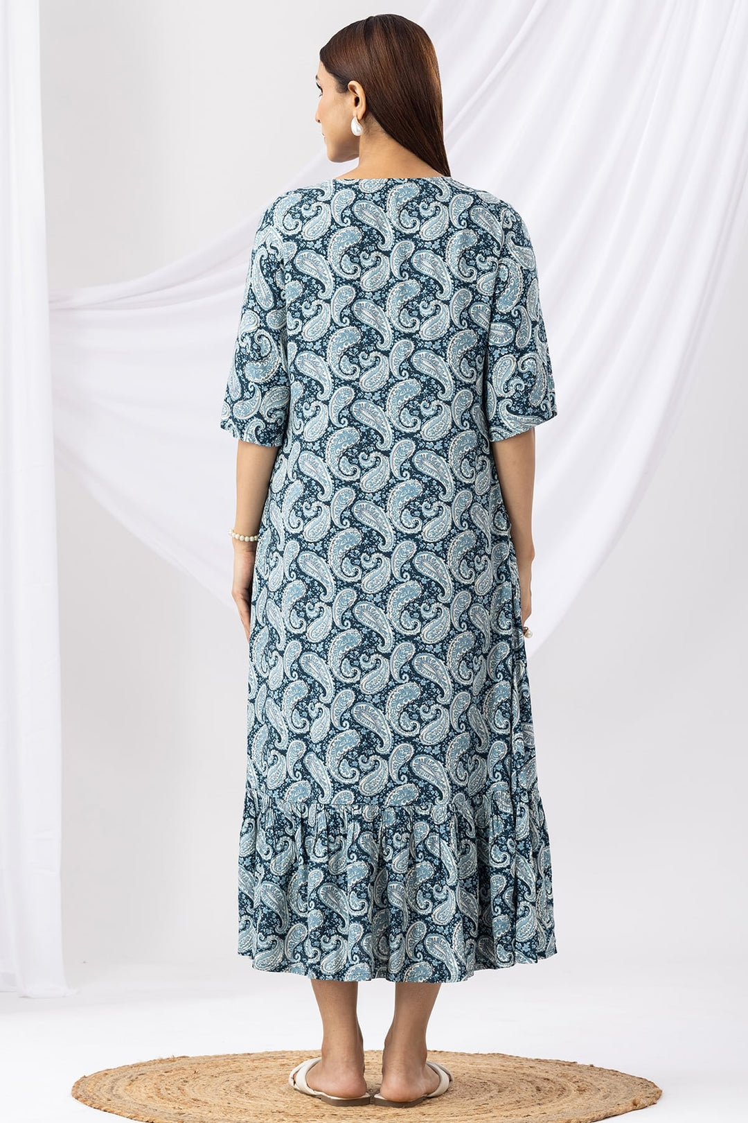 Blue Printed Rayon Dress with V-Neck &amp; Half Sleeves