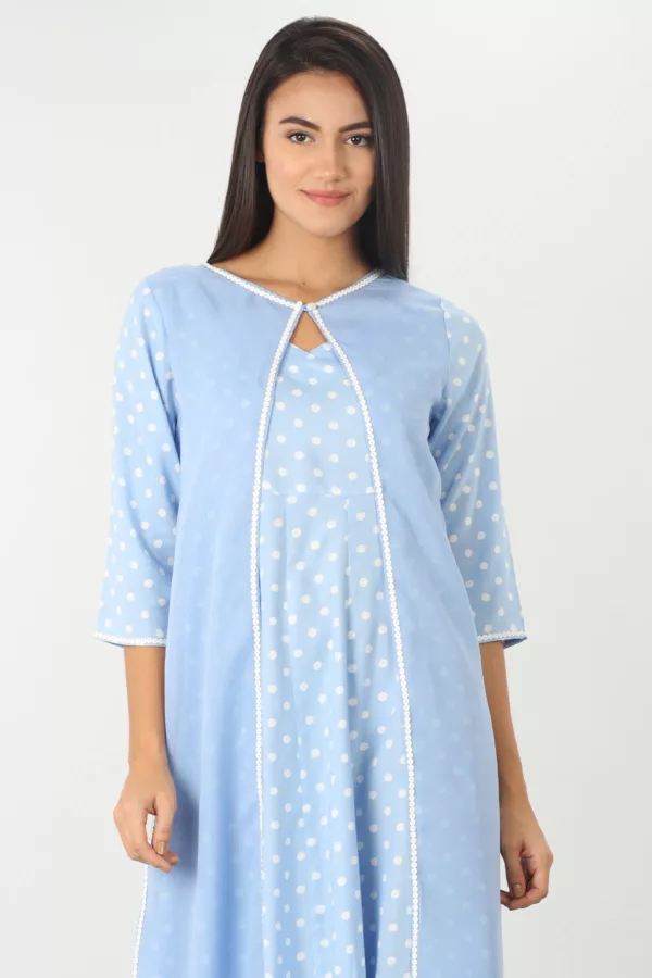 Blue Printed Long Dress With Coat For Women