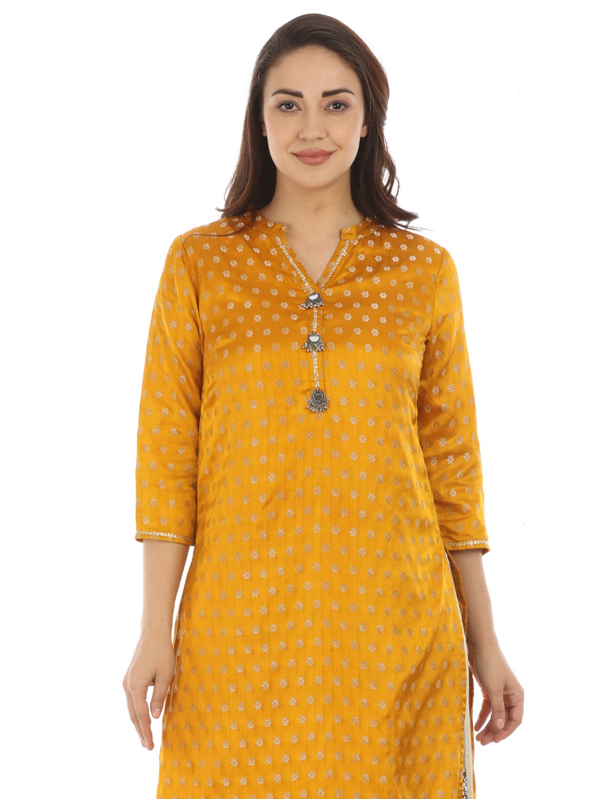 Mustard Yellow Party Wear Embroidered Cotton Kurti Pant Set With Dupatta-thanhphatduhoc.com.vn