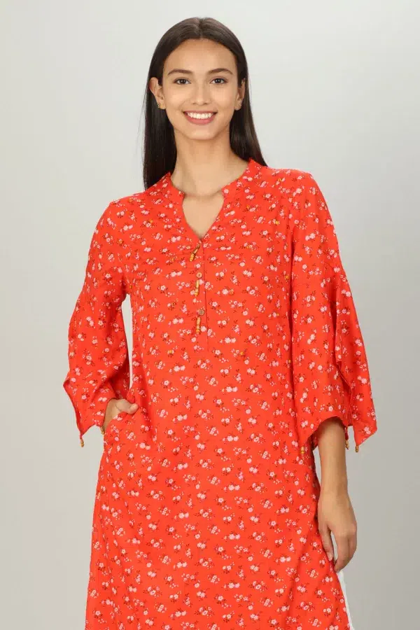 Red Floral Printed Ladies Kurtis Online
