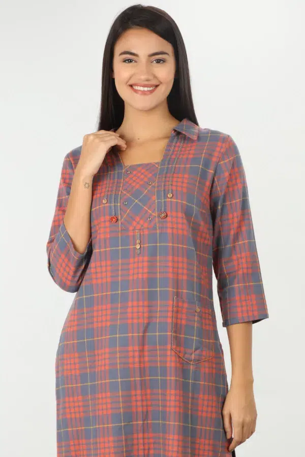 Slate Blue And Light Orange Checks Kurta For Women
