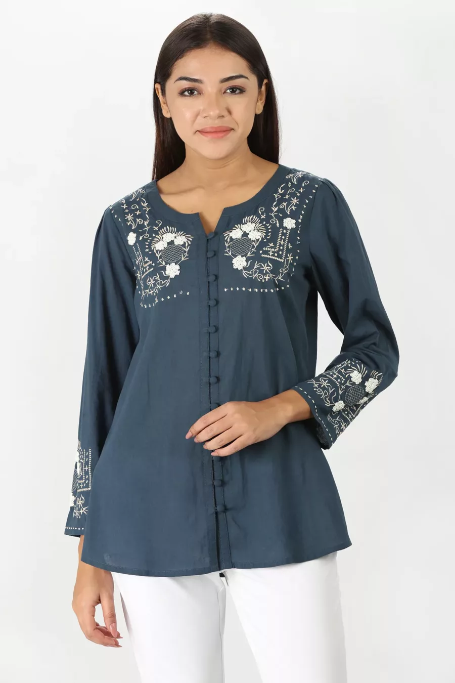 Blue Embroidered Round Neck Top