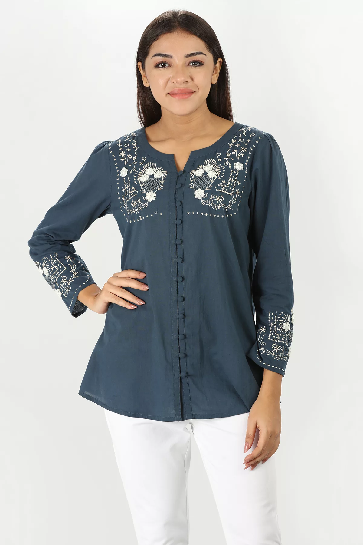 Blue Embroidered Round Neck Top