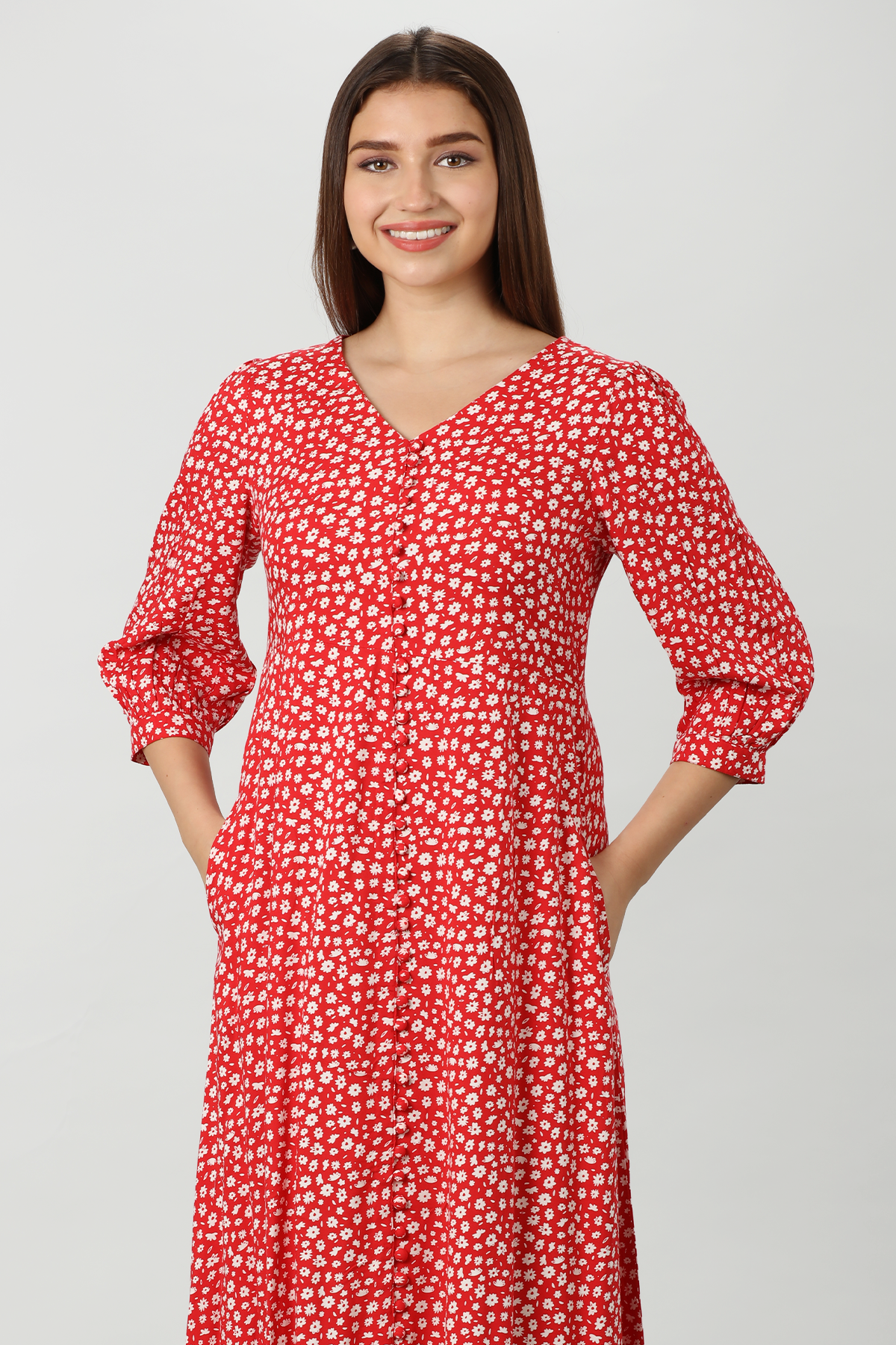 Red & White Floral Printed Dress