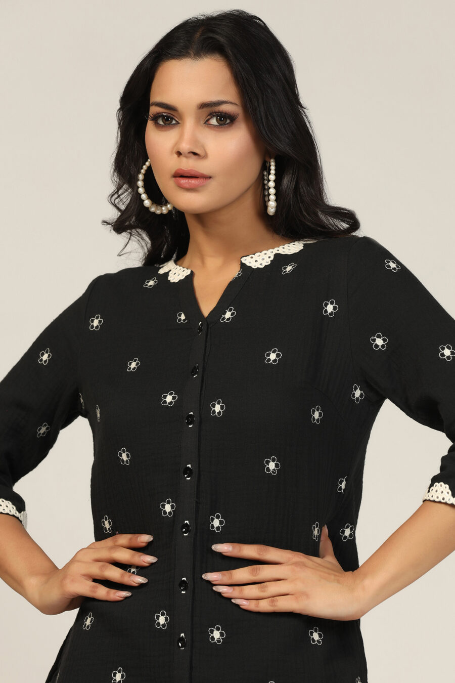 Black Cotton Double Cloth Embroidered Long Top