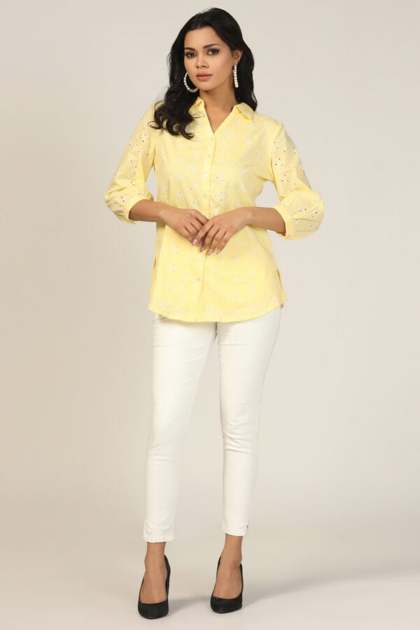 Yellow Schiffli Embroidered Collared Shirt