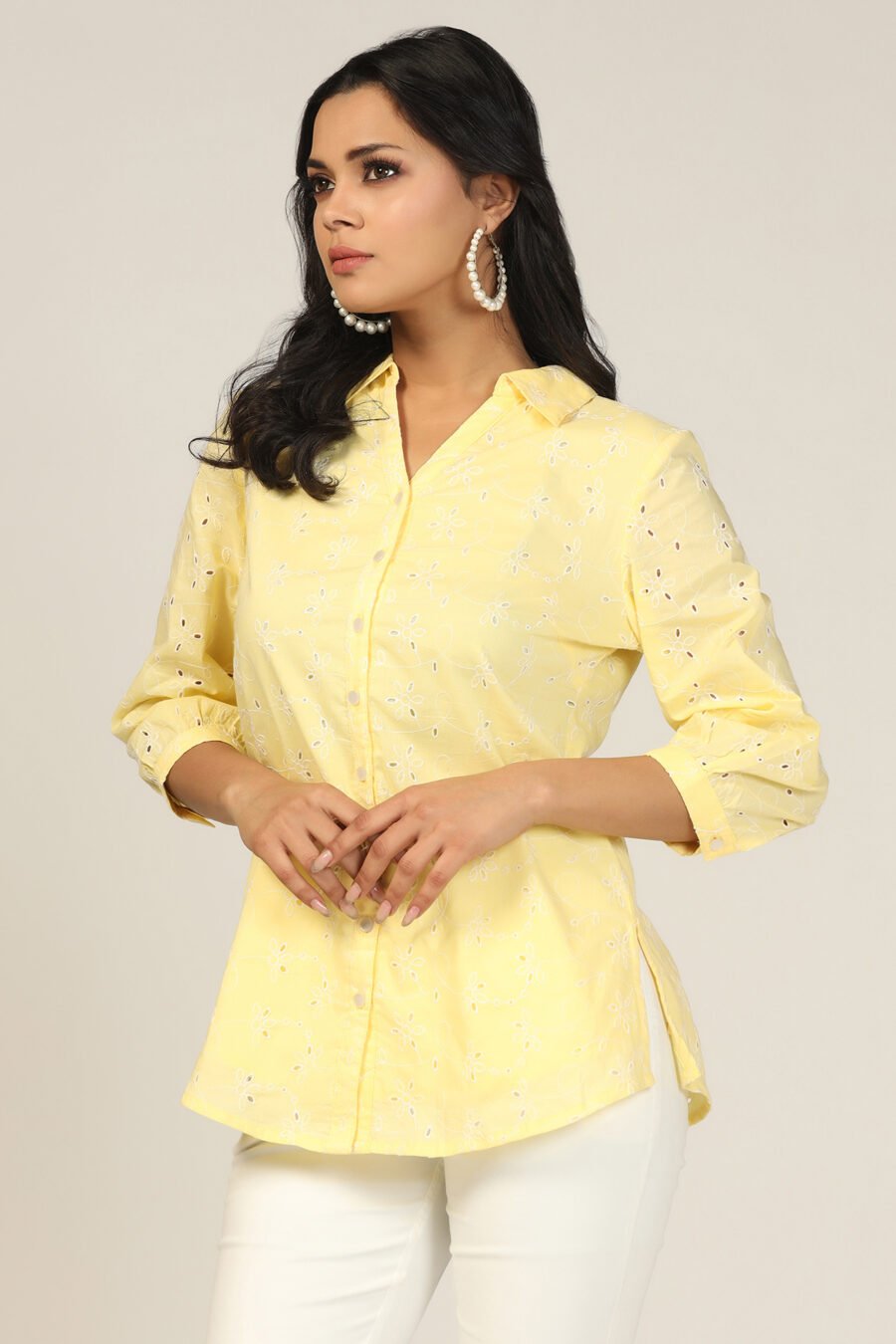 Yellow Schiffli Embroidered Collared Shirt