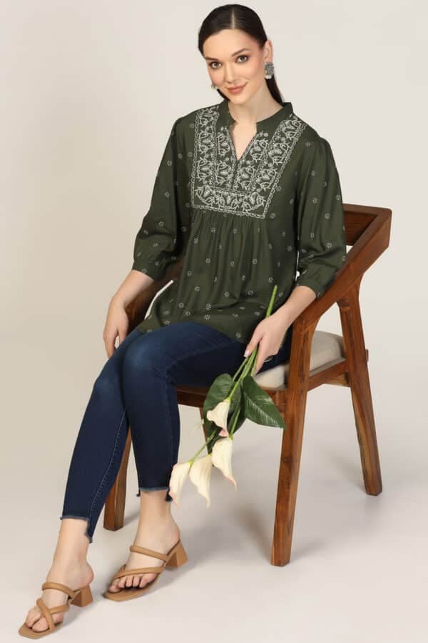 Embroidered Olive Green Top For Women