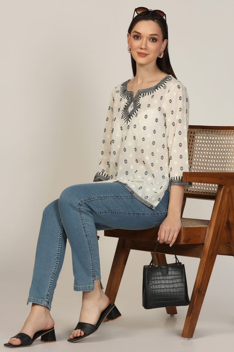 White Cotton Dobby Embroidered Casual Top