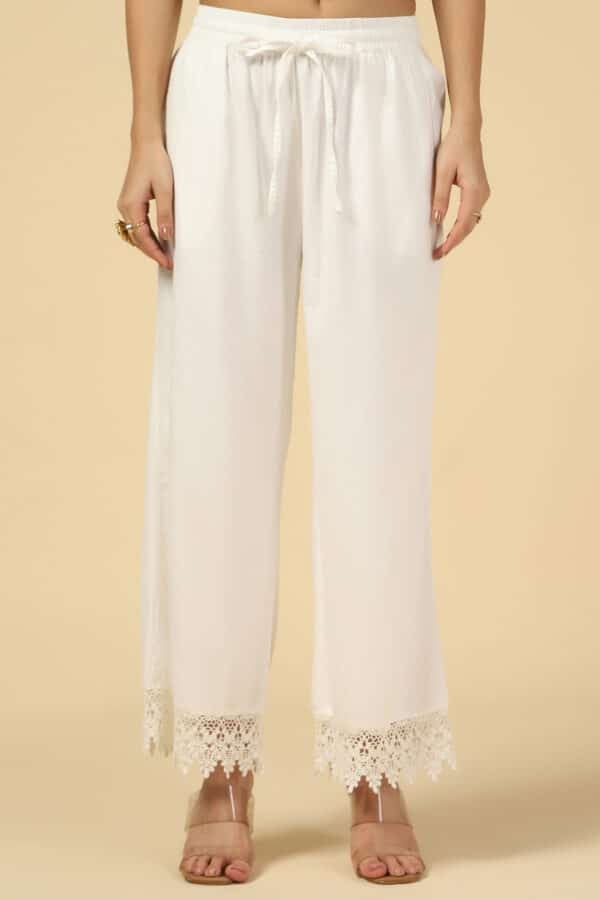 Twill White Palazzo With Lace For Women