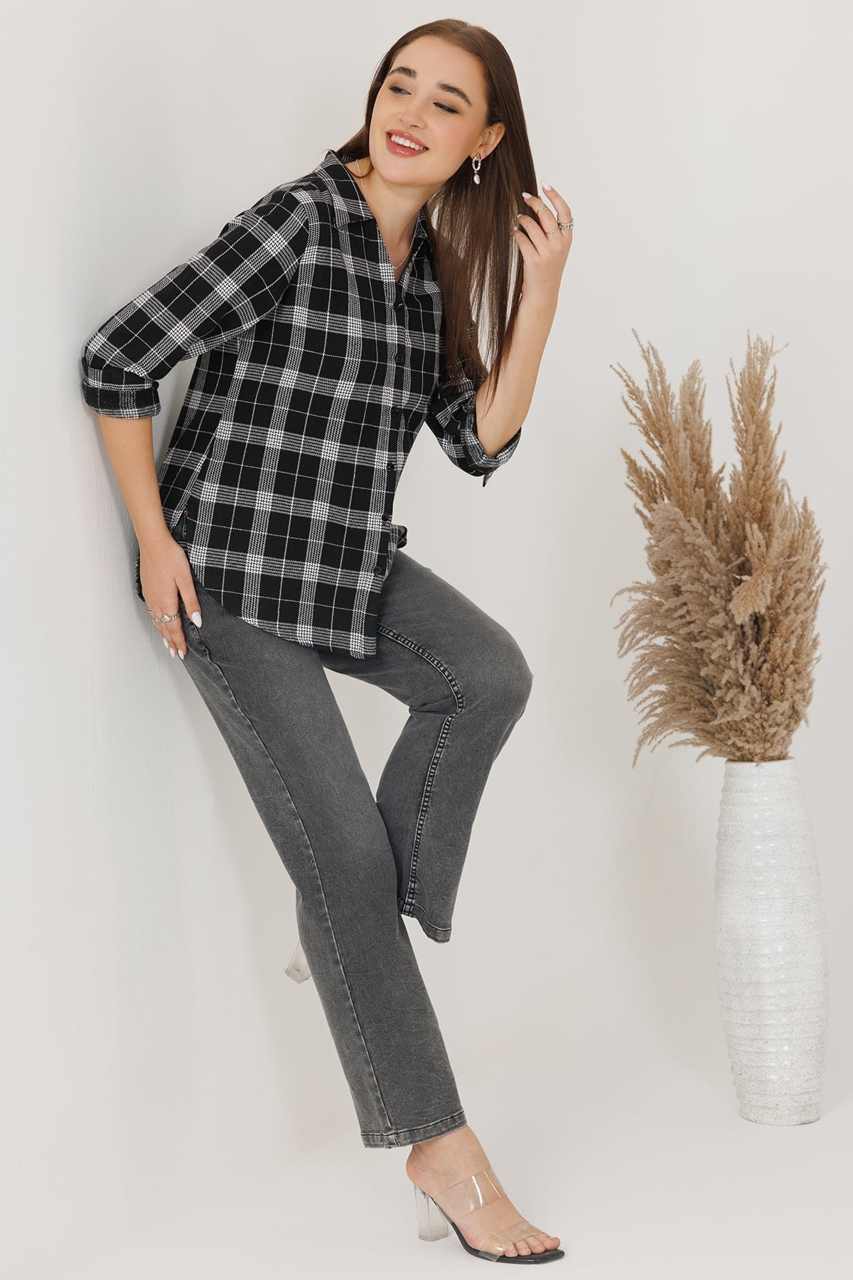 Jeans Black And White Shirt For Ladies Woolen Check Winter Shirt