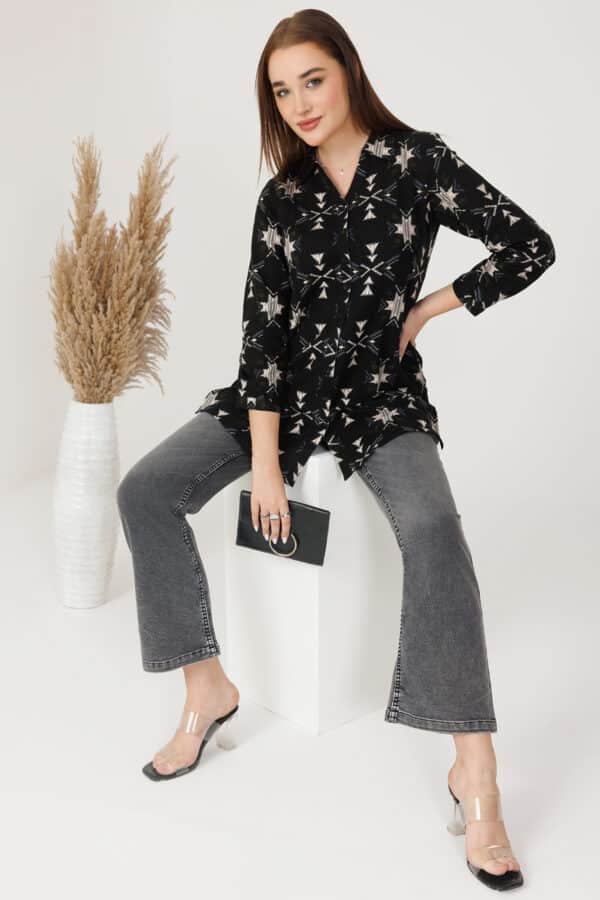 Black Cotton Brushed Printed Winter Tunic