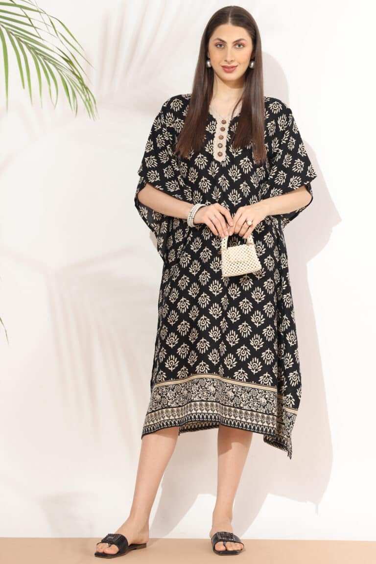 Black And Beige Printed Kaftan Dress For Women