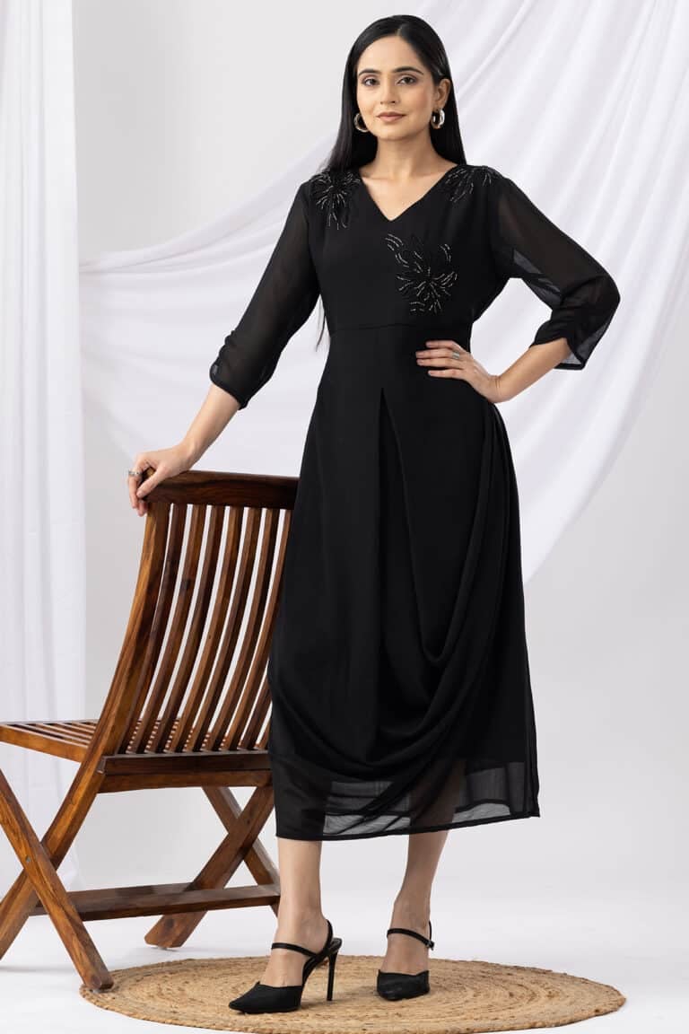 Black Embroidered V-Neck Casual Dress with 3/4th Sleeves