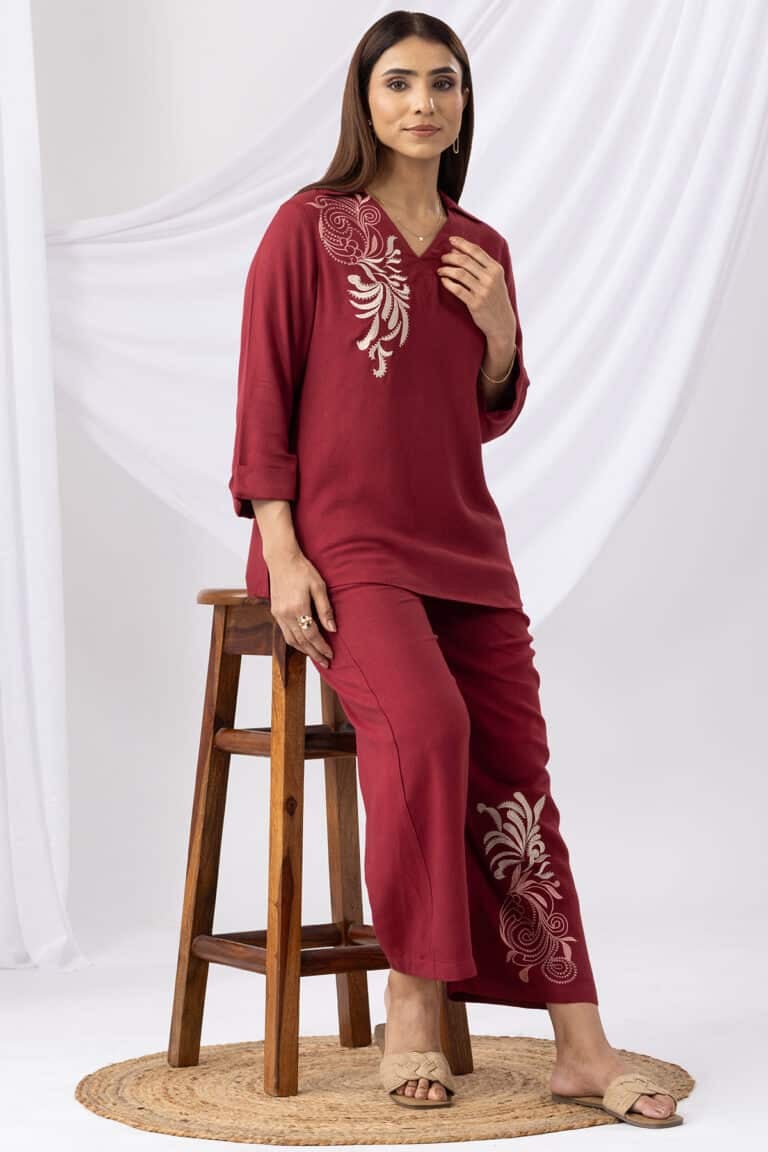 Embroidered Maroon Co Ord Collar Top For Women