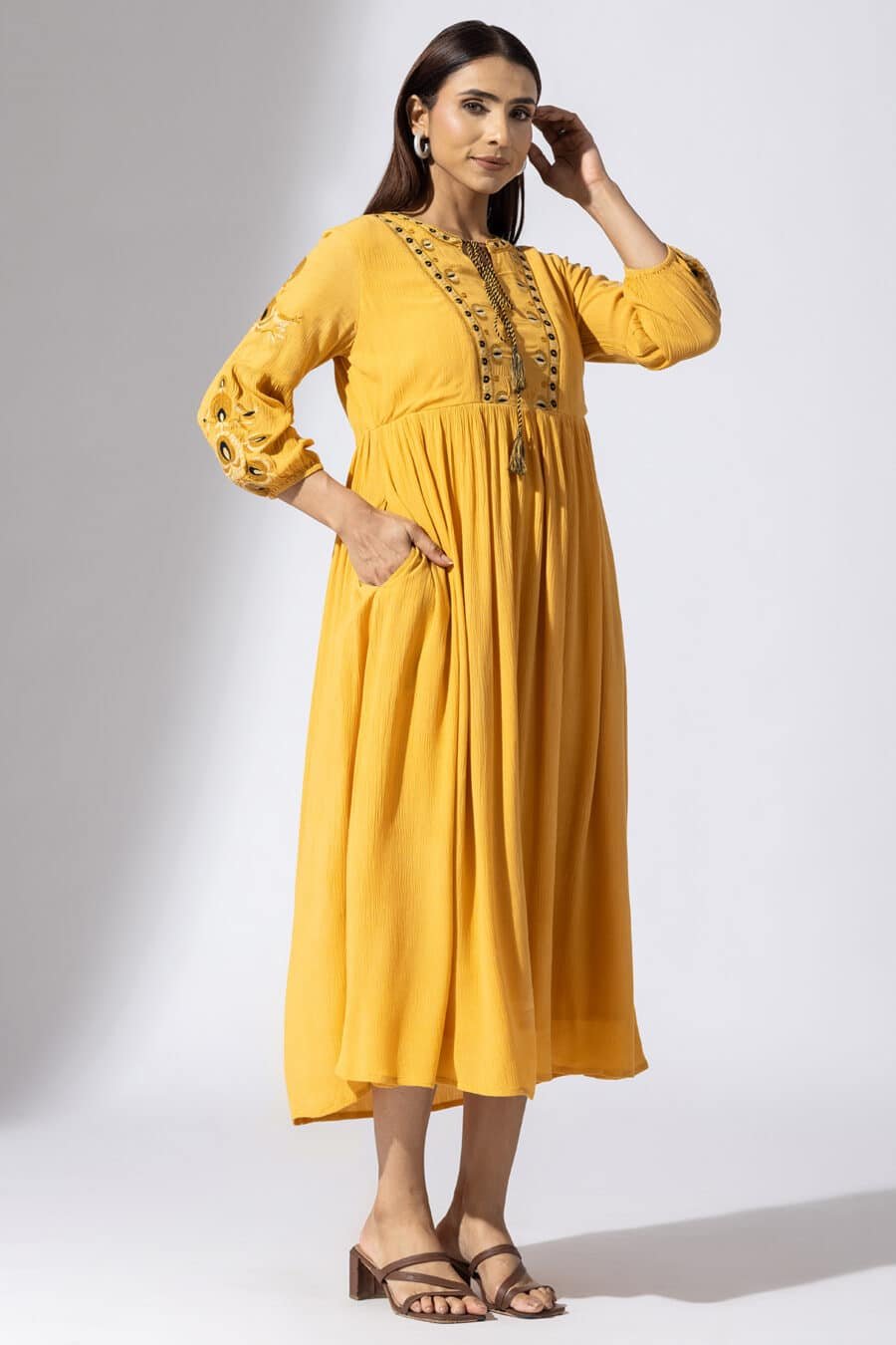Embroidered Mustard Yellow Dress For Woman