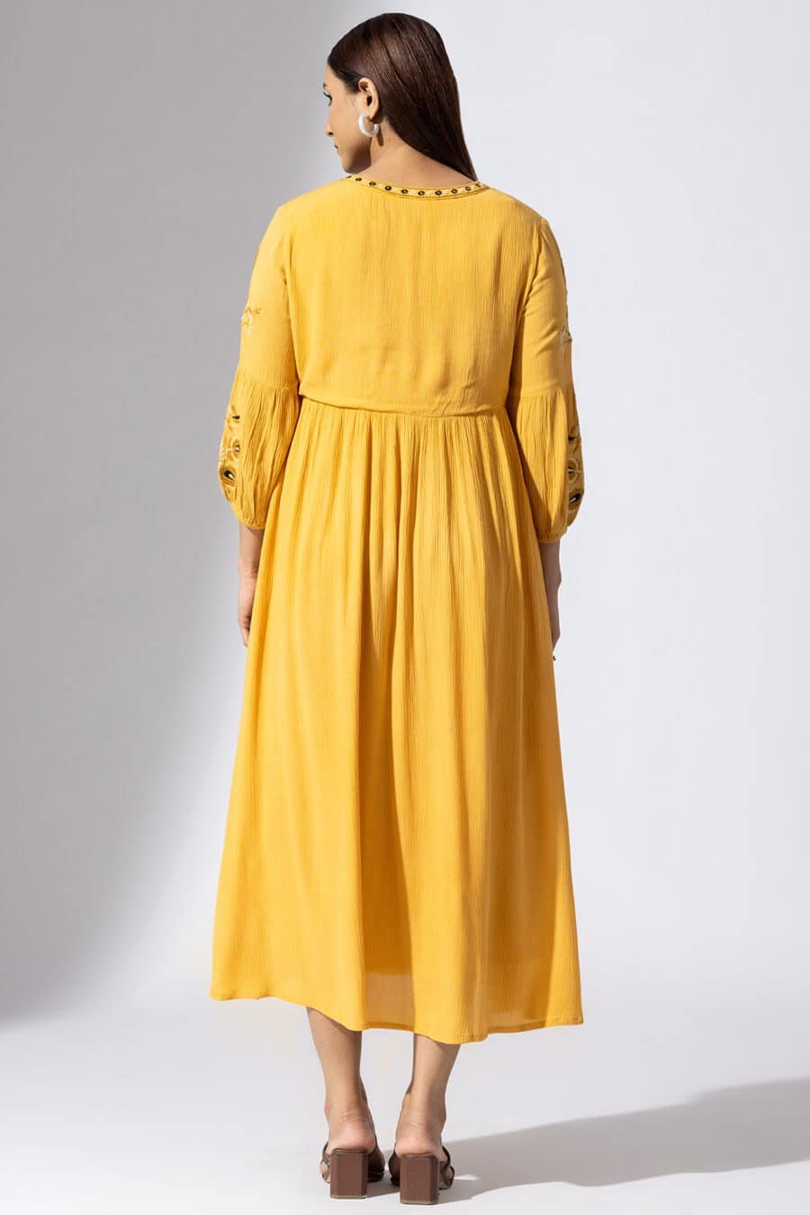 Embroidered Mustard Yellow Dress For Woman
