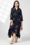 Navy Blue Printed Georgette Dress Woman