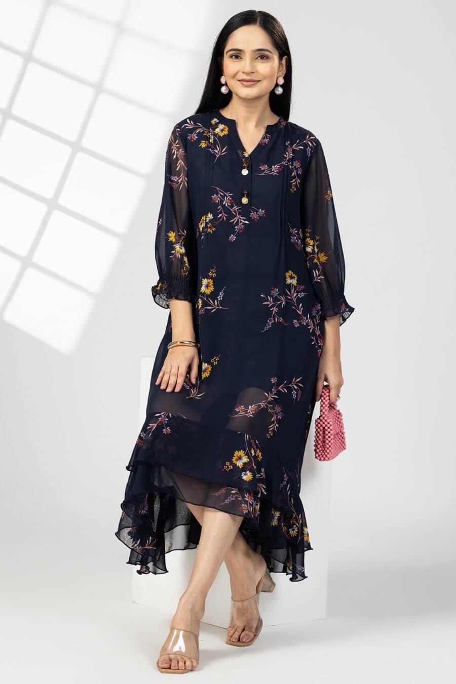 Navy Blue Printed Georgette Dress Woman