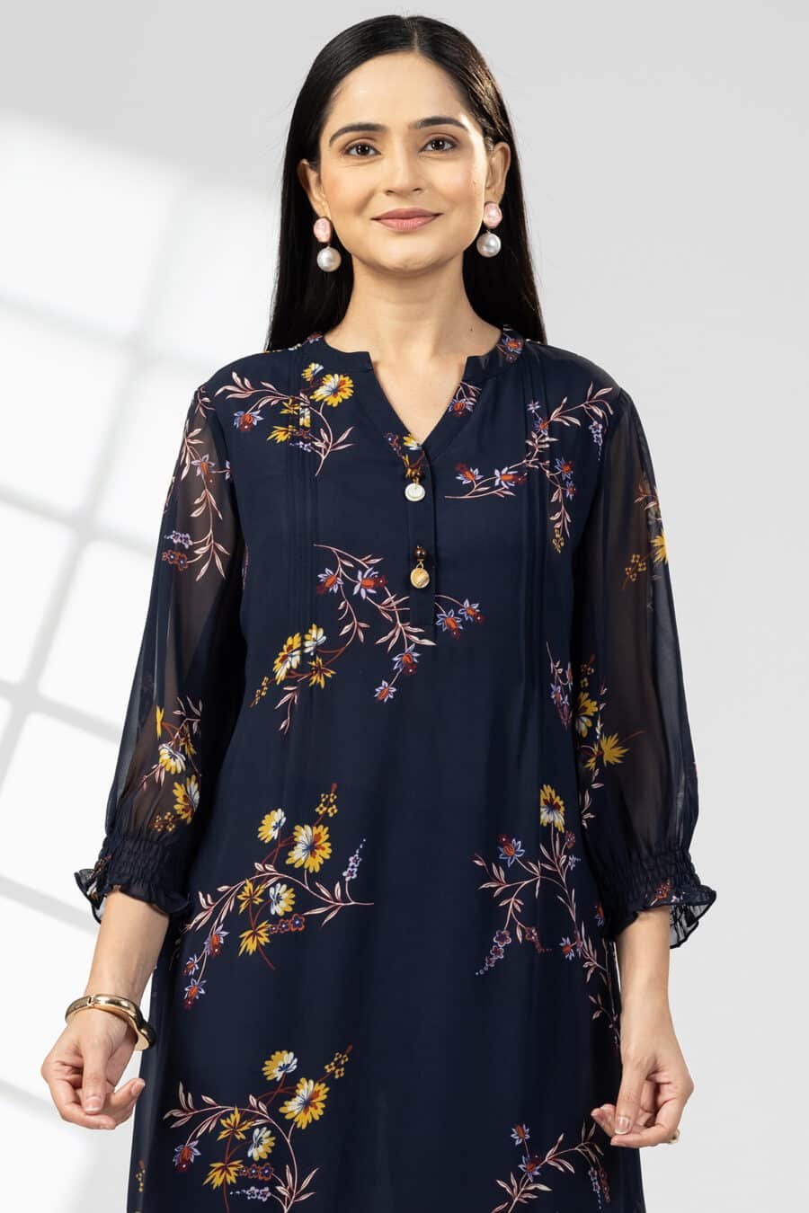 Navy Blue Printed Georgette Dress Woman