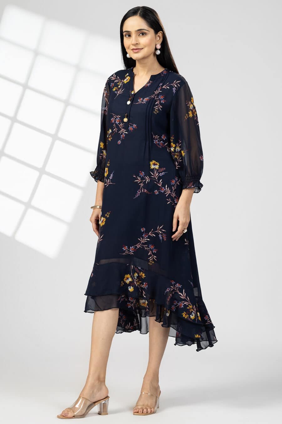 Navy Blue Printed Georgette Dress Woman