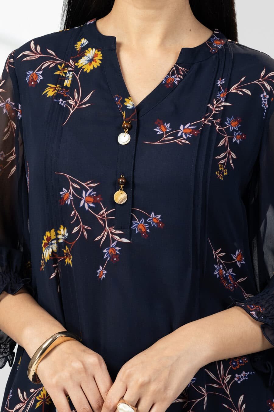 Navy Blue Printed Georgette Dress Woman
