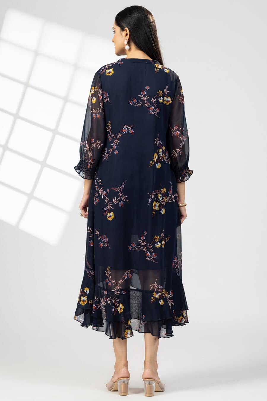 Navy Blue Printed Georgette Dress Woman